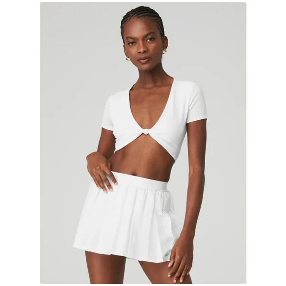 Alo Ribbed Knotty Short Sleeve Top | White | S - Picture 5 of 5